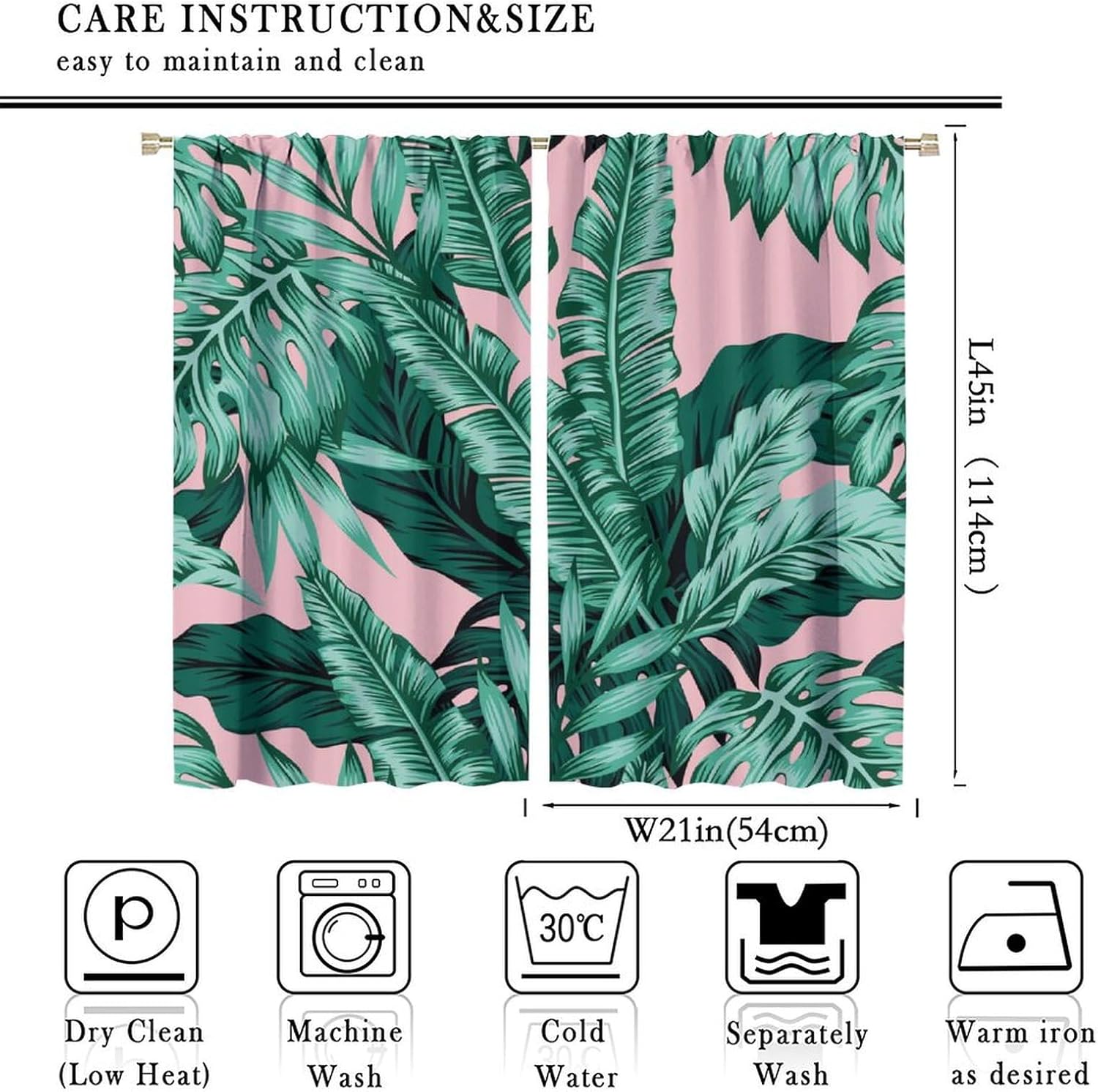 Tropical Palm Leaf Curtains Banana Leaves Theme Green Pink Curtain with Rod Pocket for Living Room Kitchen Bedroom Dorm Home Decor Drapes Window Treatments 2 Panels Set 42x45 Inch