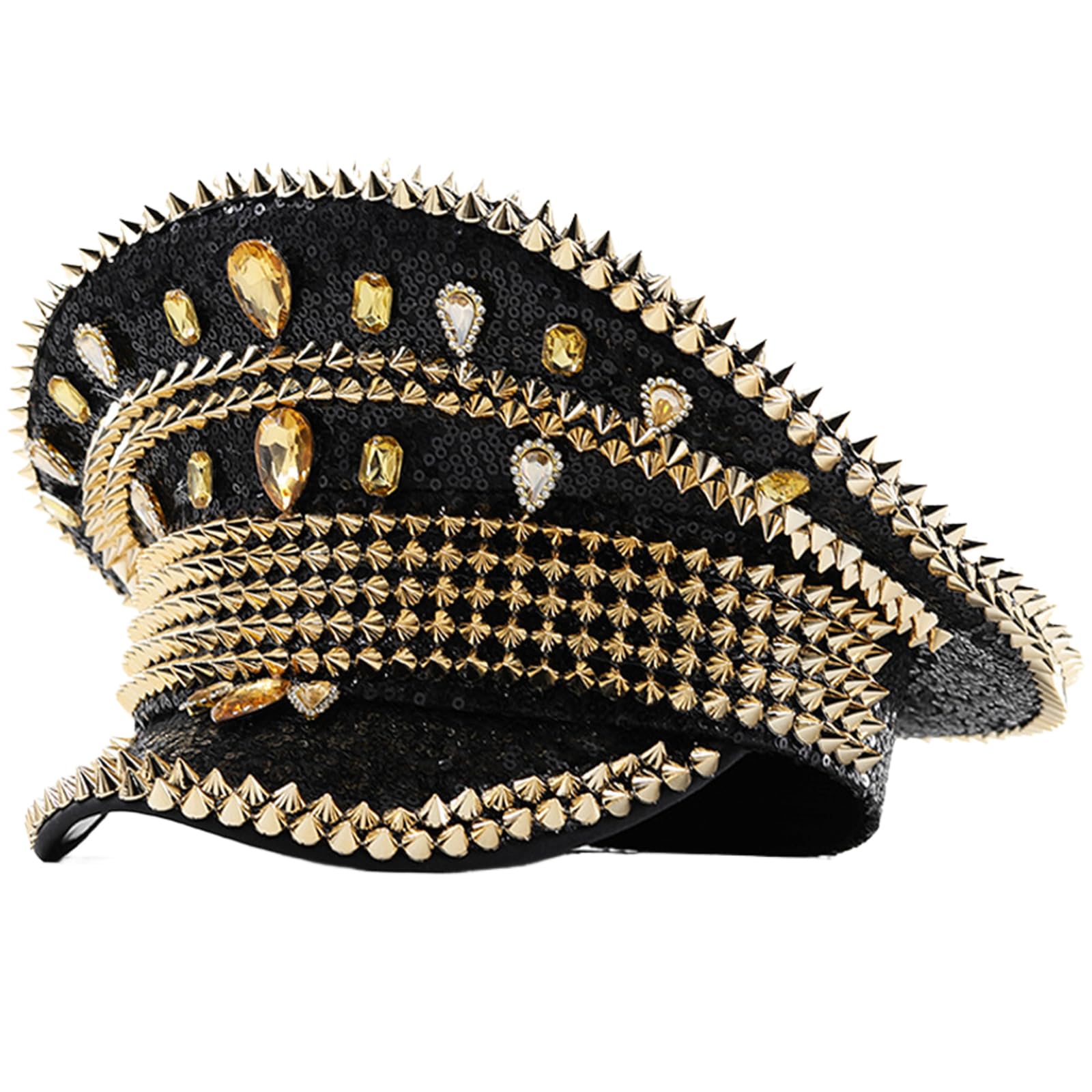 Bflky Men's Black Sparkling Captain Hat Heavy Crystal Sequins Rivets Hat For Wedding Party Captain Hat Bride Hat For Actor Actress