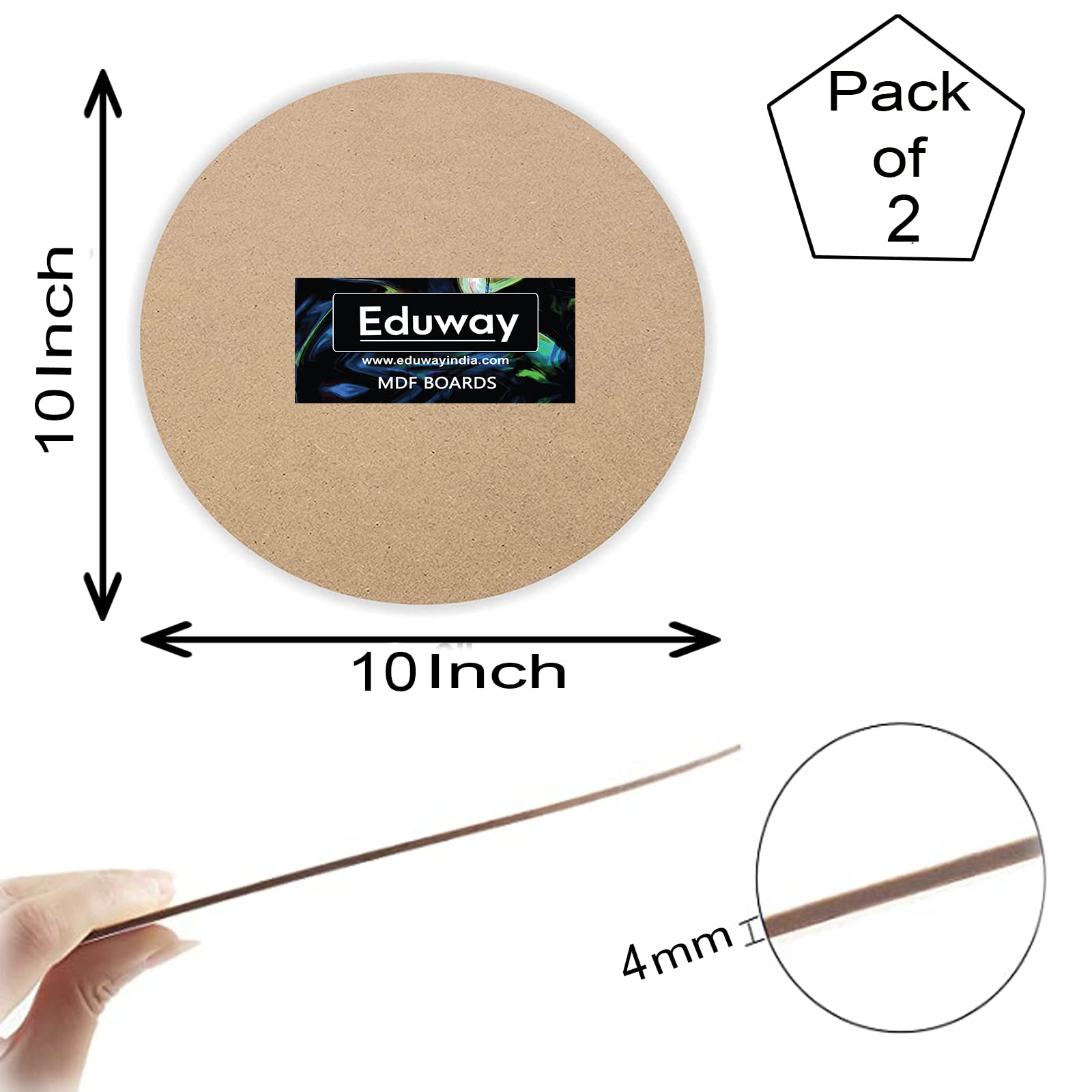 Eduway® 10x10 Inch Round MDF Board Wood Sheet for Mandala , Lippan, Resin Art & Craft, 4mm Thick, Pack of –2 - Premium Cardboard Material for Artists, Art and Craft Students - Hard Cutout in Small and Large Sizes (25x25 cms)