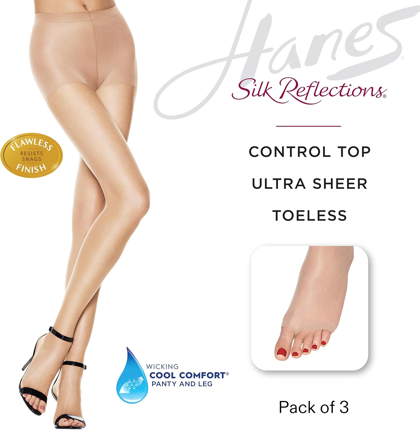 Hanes Silk Reflections Women's Control Top Toeless Ultra Sheer Pantyhose with Run-Resist