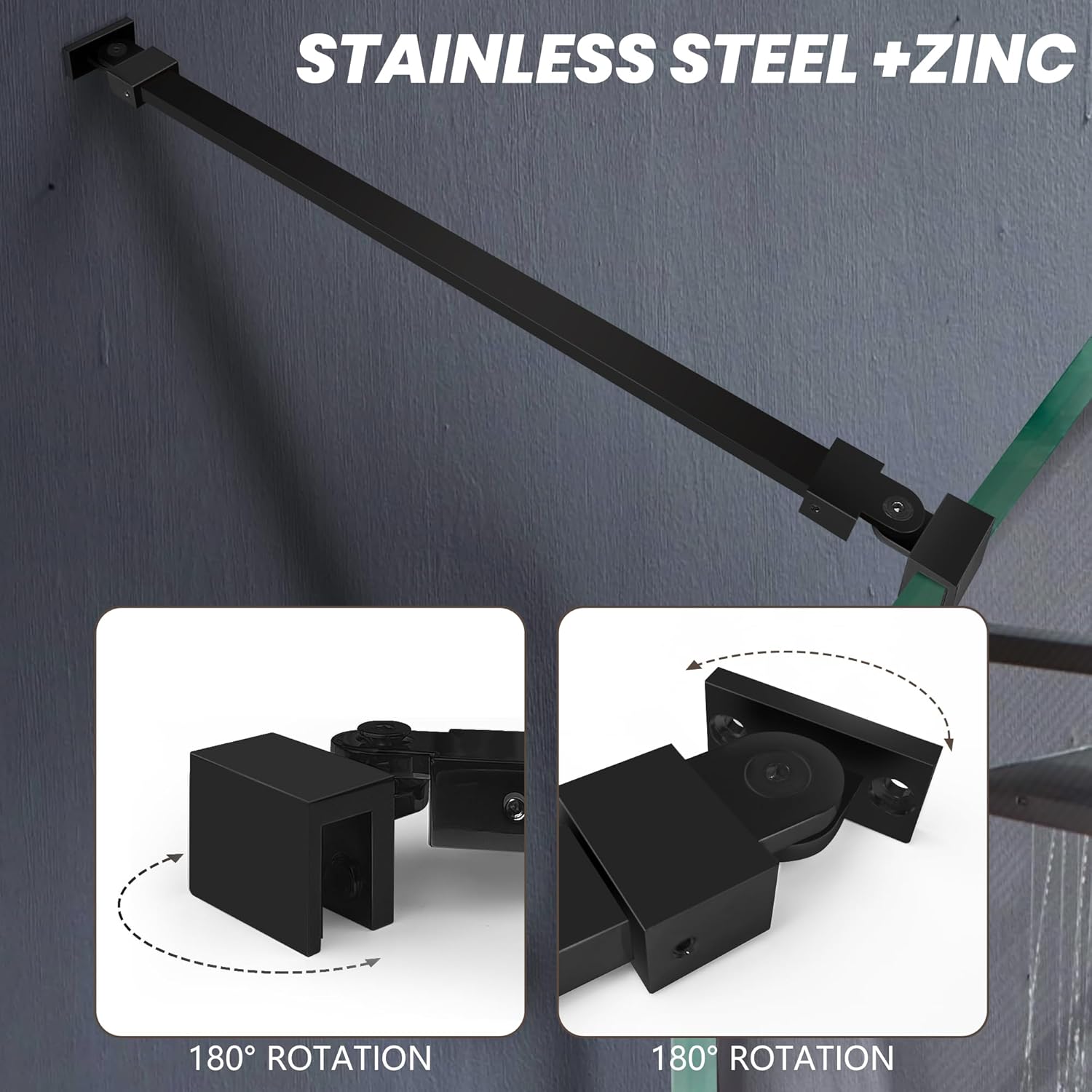 Shower Glass Door Support Bar, Wall-to-Glass Brace for 1/4"(6mm), 5/16"(8mm), 3/8"(10mm) Frameless Glass Panel, 18 Inch Long Stainless Steel Shower Rod, Matte Black