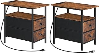 HOOBRO End Table with Charging Station, Set of 2 Narrow Side Tables, Nightstand with 2 Non-Woven Drawers, Slim Sofa Table, for Small Spaces, Living Room, Bedroom, Rustic Brown and Black BF486UBZP201