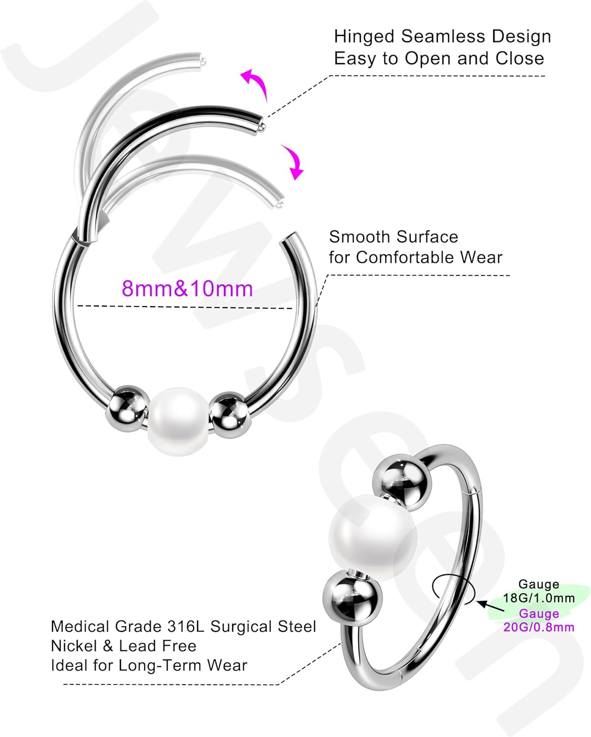 Jewseen 316L Surgical Steel 20g Nose Rings Hoops Pearl Septum Rings Tragus Daith Helix Piercing Jewelry Cartilage Hoop for Women - Image 6