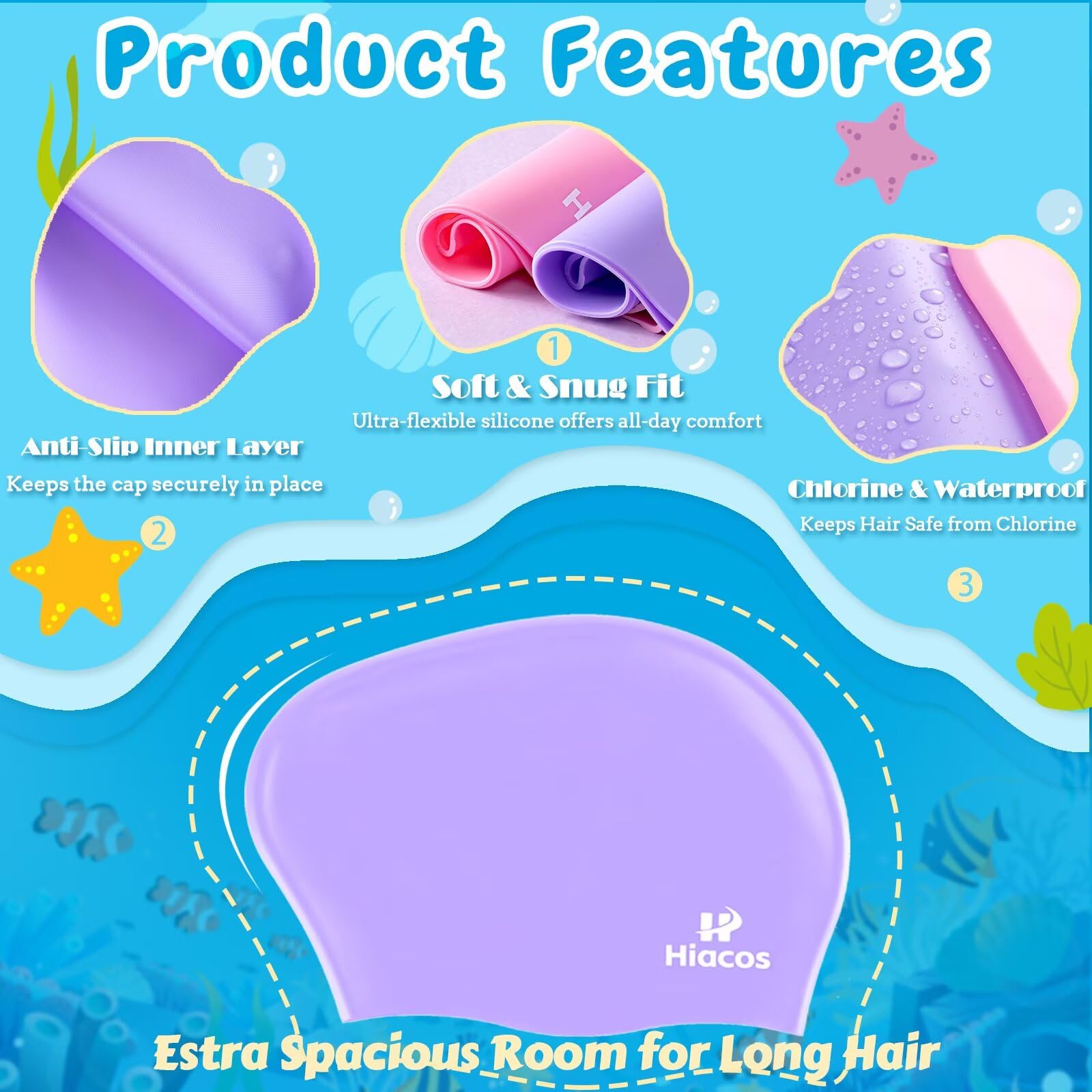 Kids Swim Cap for Girls Boys, 2 Size Silicone Swimming Cap for Long Hair Short Hair, Waterproof Swim Hats Bathing Caps for Age 3-15 Toddlers Children Teens to Keep Hair Dry-Purple