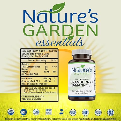 Miniatura 2 de NATURE'S GARDEN ESSENTIALS Arándano + D-manosa - 60 cápsulas vegetales - 1000 mg de manosa D con concentrado de arándano más vitamina C