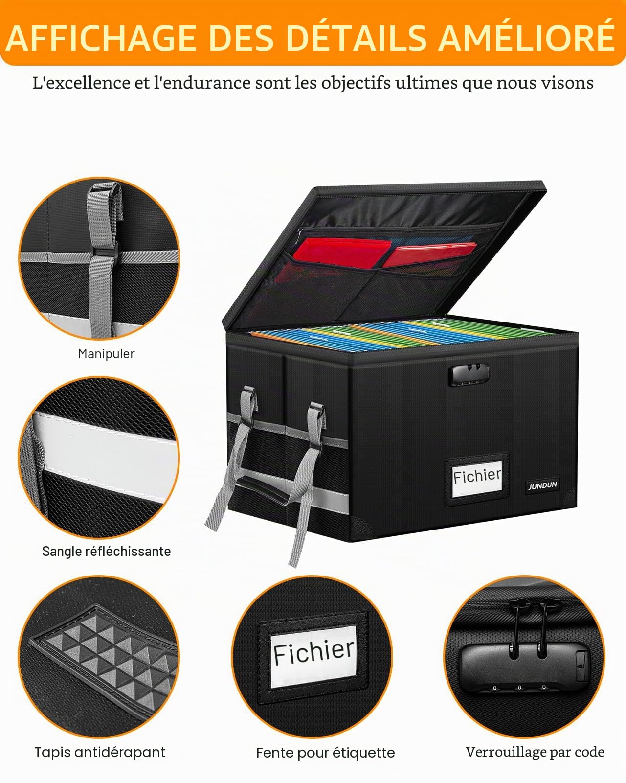 JUNDUN Boîte de rangement de fichiers avec serrure, boîte à documents pliable ignifuge avec fermeture éclair imperméable et couvercle, boîte de rangement décorative portable pour la maison/le bureau