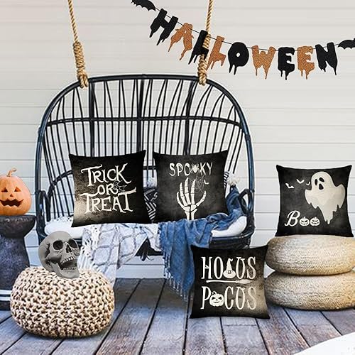Miniatura 7 de Juego de 4 fundas de almohada de Halloween de 20 x 20 pulgadas, decoración de calabaza, fundas de almohada espeluznantes de fantasmas negros de