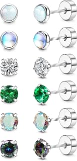 G23 Titanium Earrings for Women Men Hypoallergenic Titanium Flat Back Earrings CZ Opal Moonstone Earrings for Sensitive Ears Cartilage Earrings Silver Studs Earrings for Women Girls