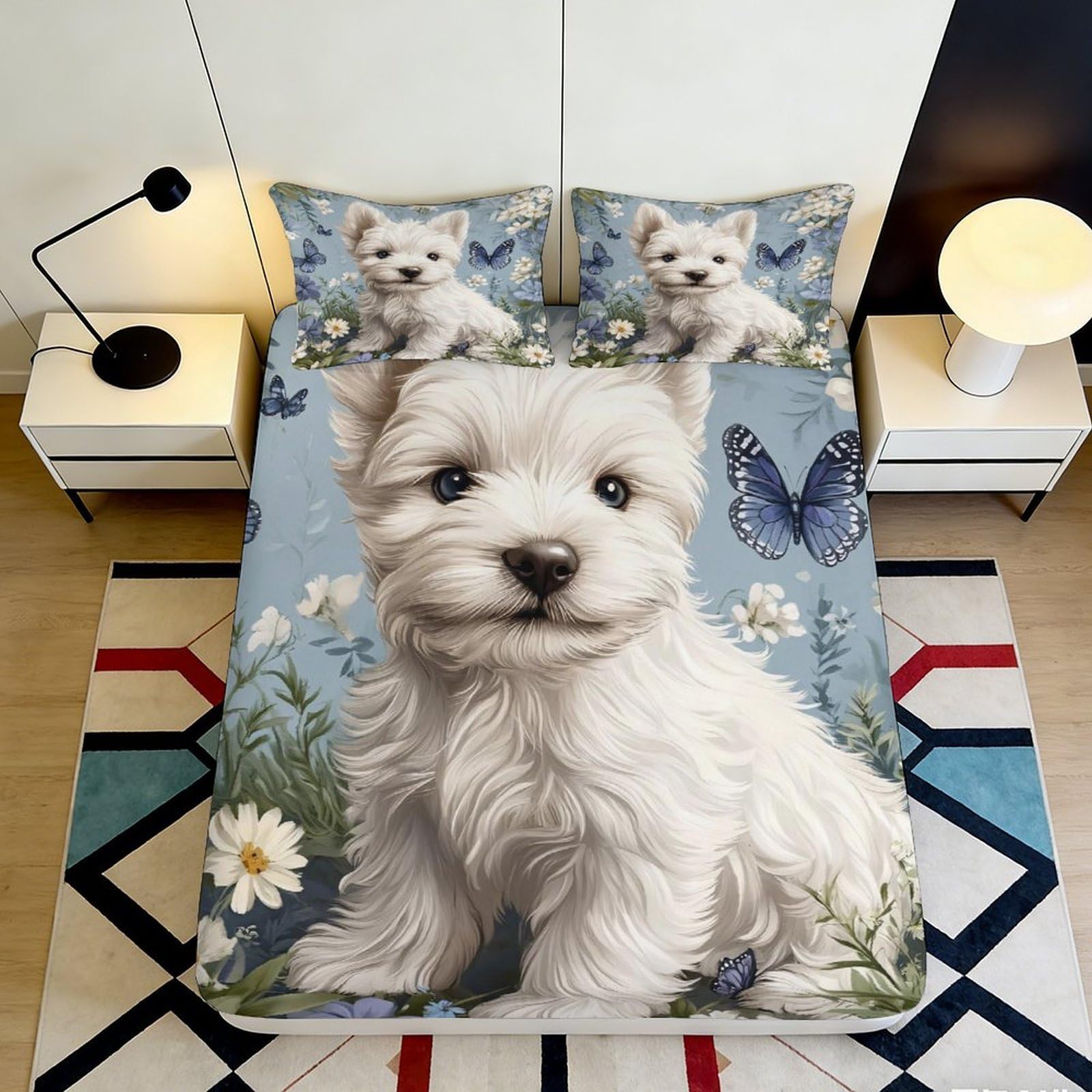 3D Printed White Puppy Fitted Sheet Microfiber Soft Decorative Butterfly Mattress Cover for Bedroom Guest Room Dorm 90x200x25cm