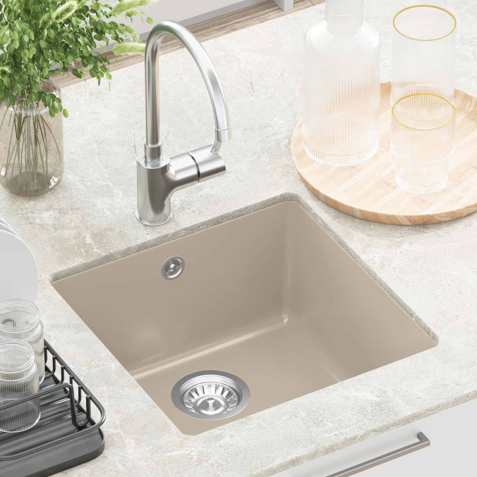 Fregadero de cocina de cuarzo y resina de granito, color beige, 430 x 460 mm, con base rectangular, escurridor para cocina, camping y autocaravana, superficie robusta