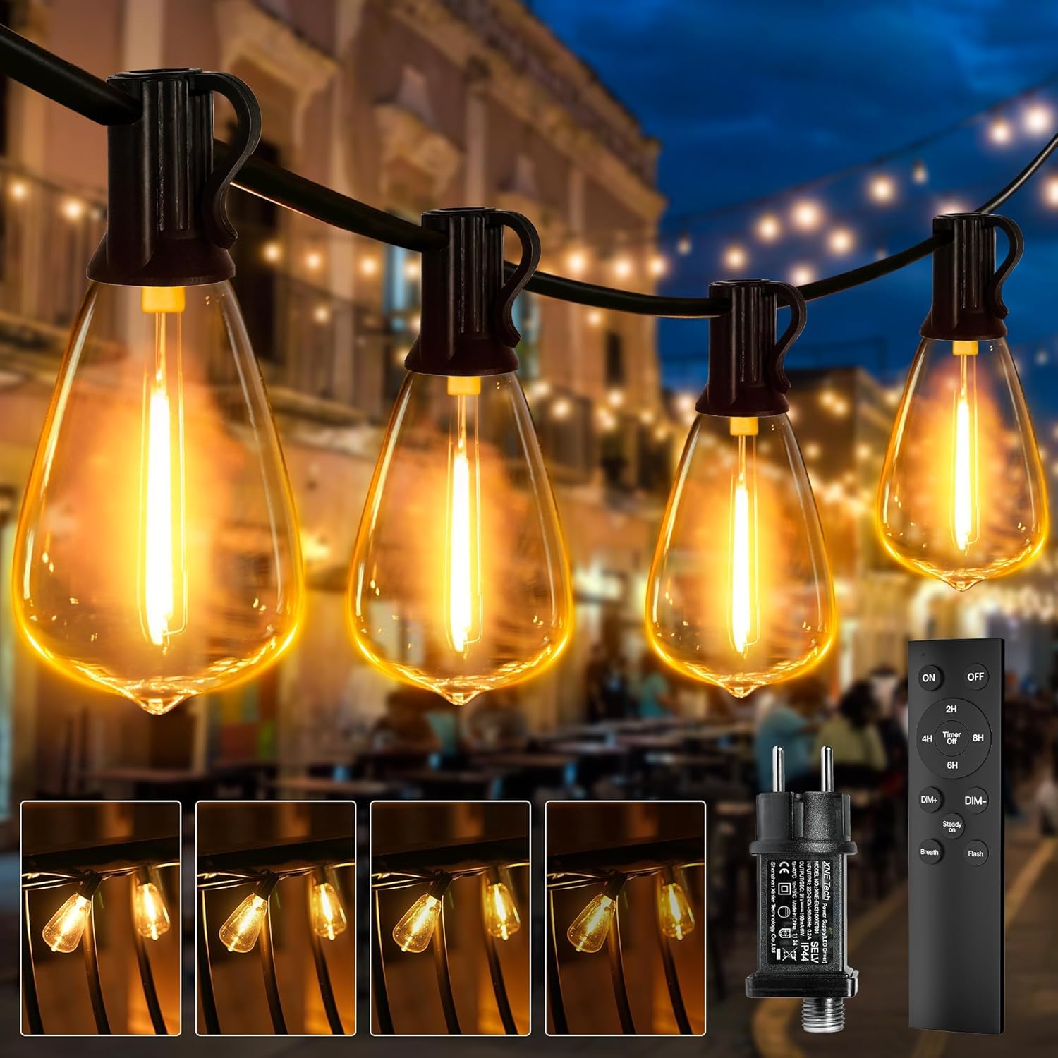 Cadena de luces LED para exteriores, 30M con mando a distancia y temporizador, 98 pies, bombillas ST38, 3 modos, cadena de luces IP44 resistente a la intemperie para jardín, balcón, terraza