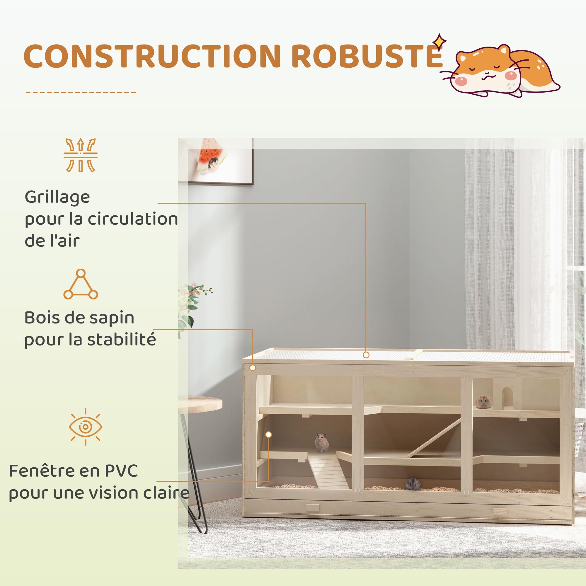 PawHut Gabbia per criceto a 2 livelli, Gabbia gerbilli con tetto apribile, finestre, capanna, habitat per piccoli roditori, 2 scale e vassoio scorrevole, 115 x 57 x 55 cm, effetto legno naturale