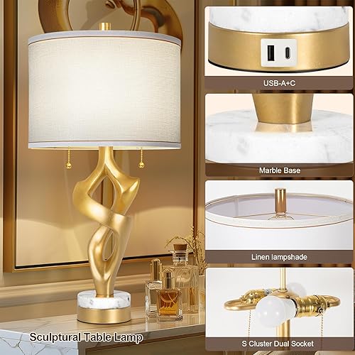 Miniatura 2 de Scenekoy Juego de 2 lámparas de mesa esculturales para sala de estar con base de mármol y puertos USB, acabado de hoja dorada, lámparas rústicas de