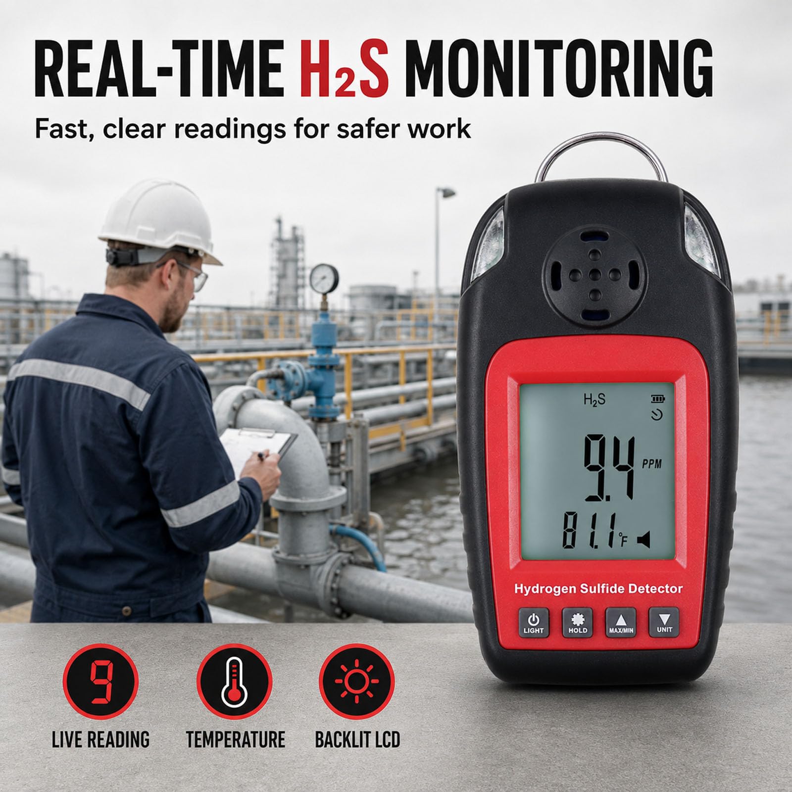 Detector de Sulfuro de Hidrógeno Detectores de Gas Y Alarmas Electroquímico h2s H₂S Monitor Medidor Sensor Alarma de Envenenamiento Pantalla LCD Retroiluminación