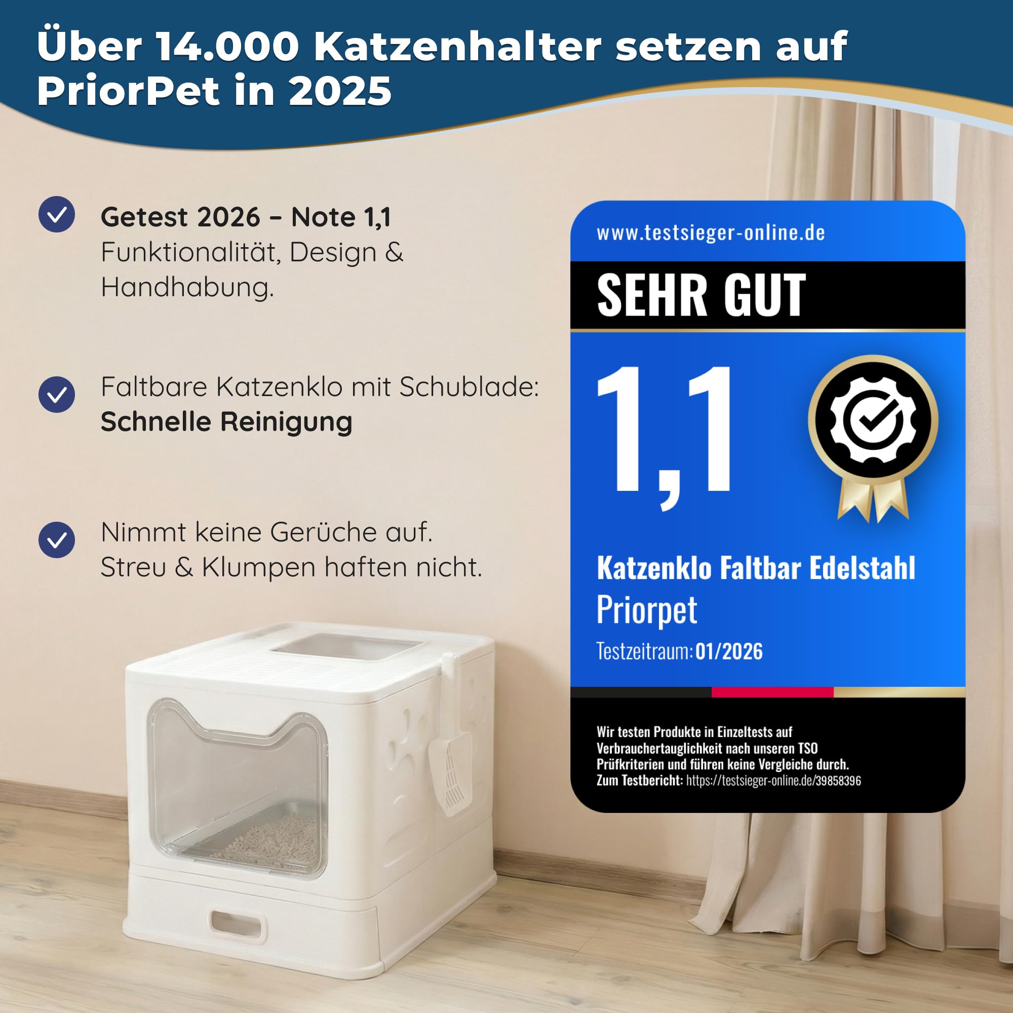 Katzenklo Edelstahl mit Deckel, Faltbare Geschlossene Katzentoilette mit Schublade, Geruchsfrei, Auslaufsicher, Leicht zu Reinigen, Doppelter EIN-/Ausgang, Mit Schaufel, (38,3×51×41 cm) – Weiß