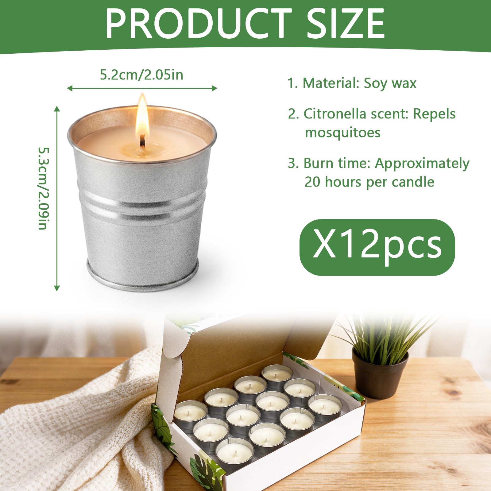 Citronella Candle Outdoor 12 Velas Citronela Antimosquitos, Cera De Soja Exterior Larga Duración 20 Horas Sin Humo Sin Goteo, Metal Caja Regalo Antimosquitos Exterior 240 Horas (12 PCS)
