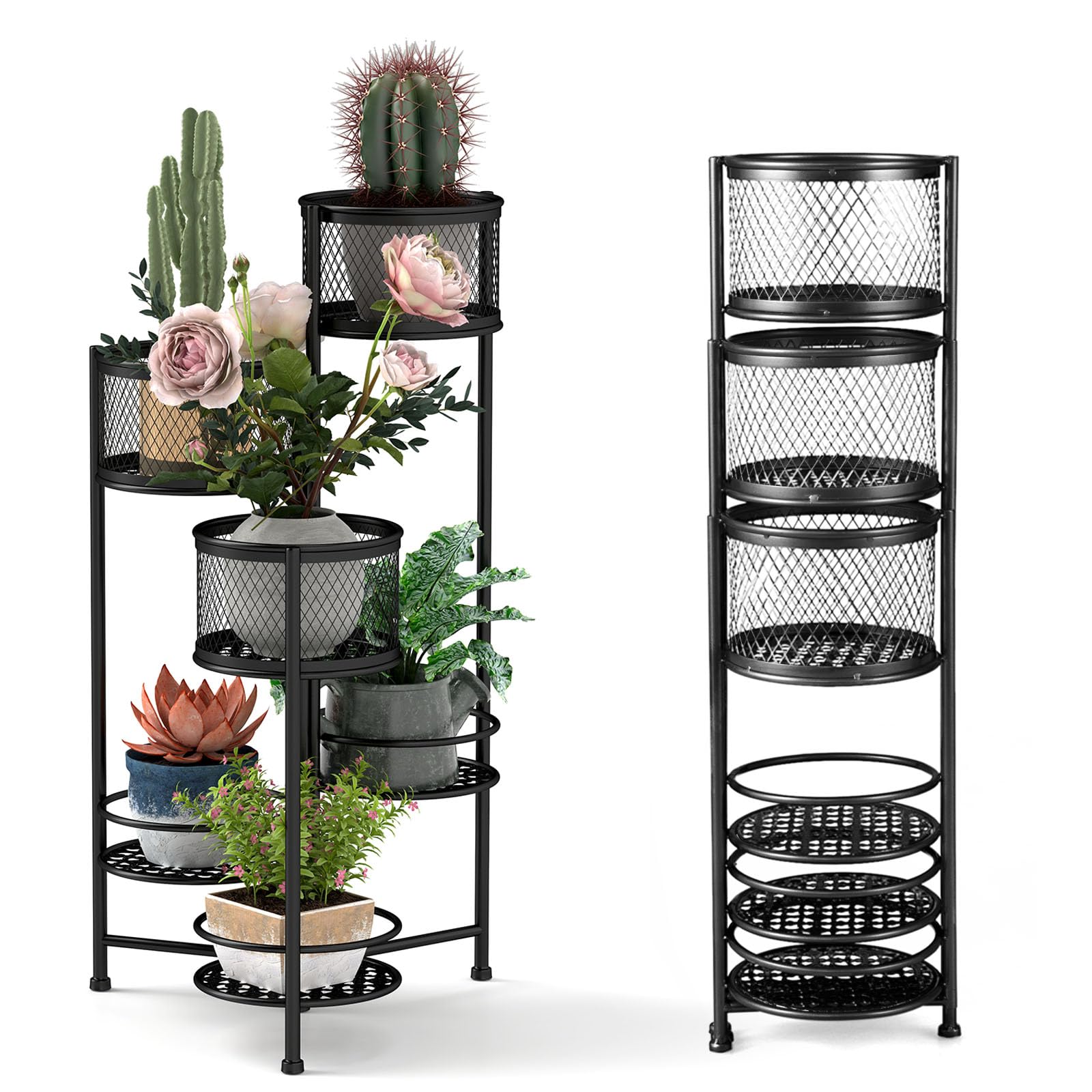 Porte-pot pliable pour plantes HOMASIS en métal noir avec 3 niveaux