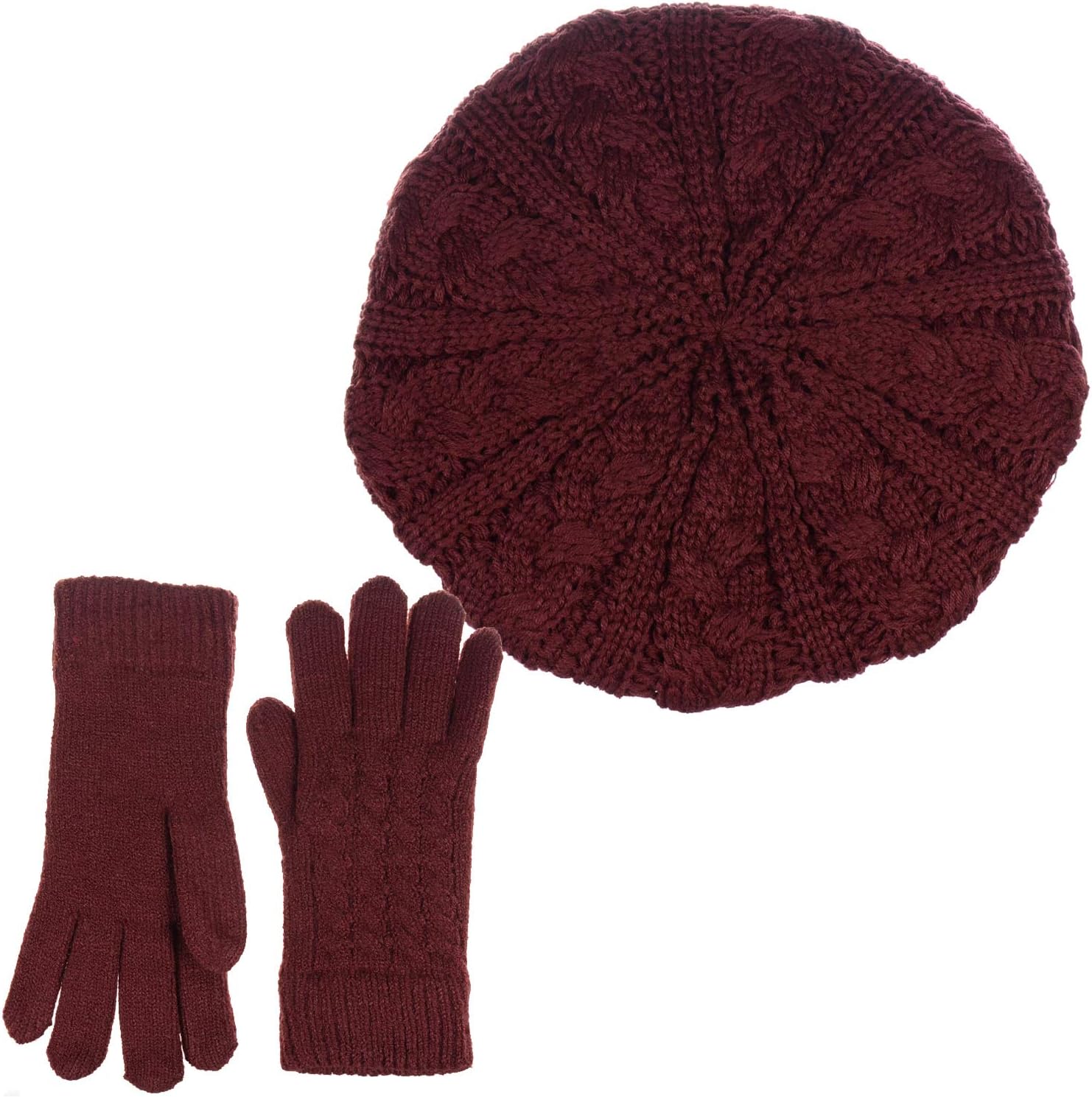 Accessories Necessary Winter Solid Toasty Warm Fleece Lined Knit Gloves & Beanie Beret 2 Piece Set