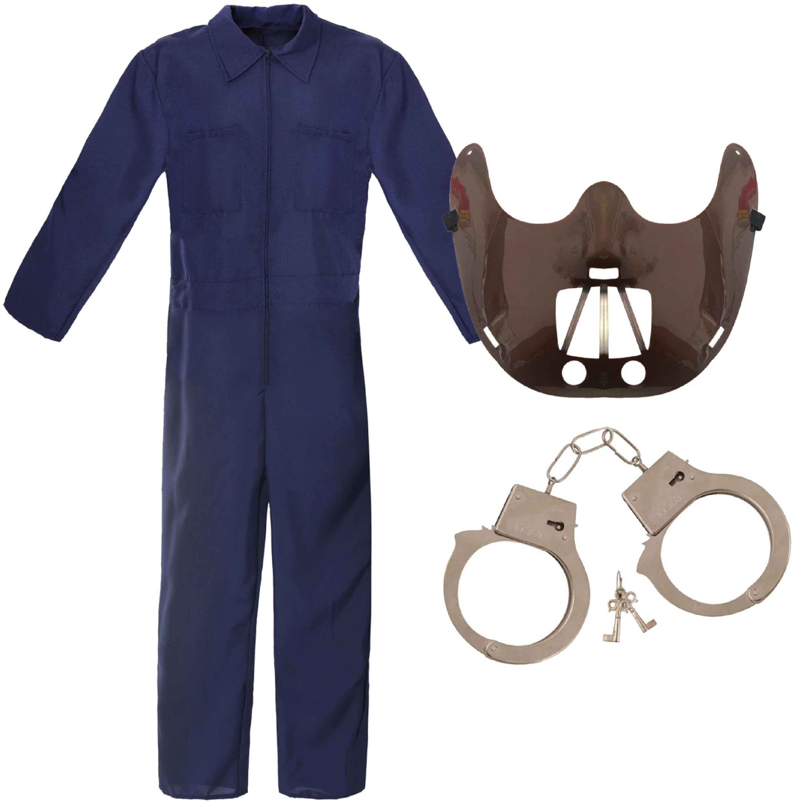 Adults Cannibal Doctor Costume - Large - Navy Blue Boiler Suit, Fake Handcuffs and Brown Restraint Mask - Adults Halloween TV Film Fancy Dress Costume