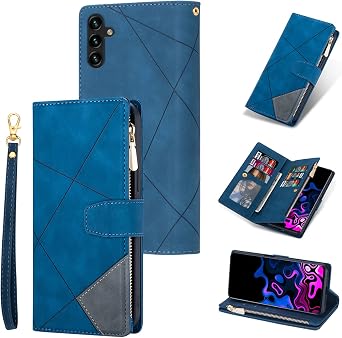 UEEBAI Wallet Case for Samsung Galaxy A34 5G, Vintage Premium PU Leather Cover Flip Case with Card Slots Magnetic Closure Zipper Pocket Kickstand Handbag with Hand Strap - Diamond Blue