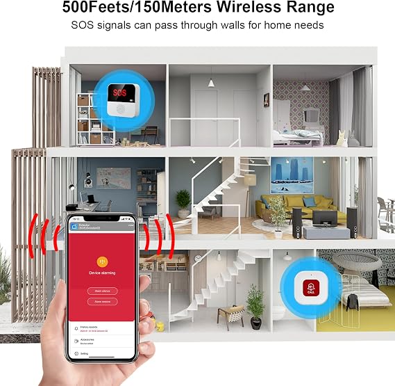 Personal Alarm, Wireless Portable Caregiver Pager Alarm System, Personal Alarms for Elderly, 1 Receiver and 1 Call Button & Watch Pager, Compatible with Tuya/Smart Life APP