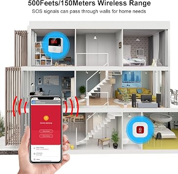 Personal Alarm, Wireless Portable Caregiver Pager Alarm System, Personal Alarms for Elderly, 1 Receiver and 1 Call Button & Watch Pager, Compatible with Tuya/Smart Life APP