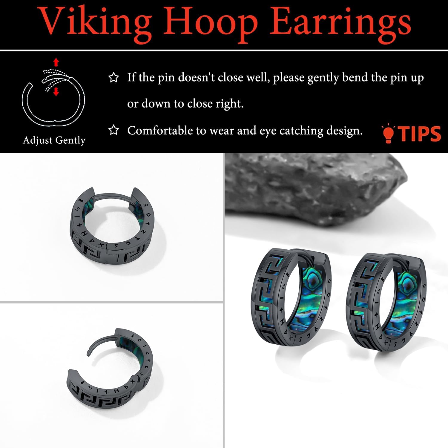 Men Earrings Viking Rune Hoop Celtic Earring for Women Punk 16mm 925 Sterling Silver Huggie Black Blue Hoop Earrings Norse Viking Jewelry Gifts Stainless Steel