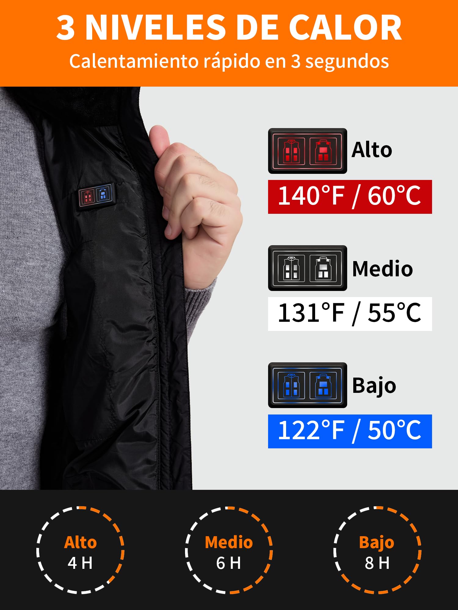 Chaleco Calefactable Hombre Mujer con Batería 7.4V 18400mAh, Chaleco Térmico Eléctrico con 10 Zonas de Calor y 3 Niveles Ajustables, Chaqueta Calefactable para Ciclismo, Esquí y Pesca