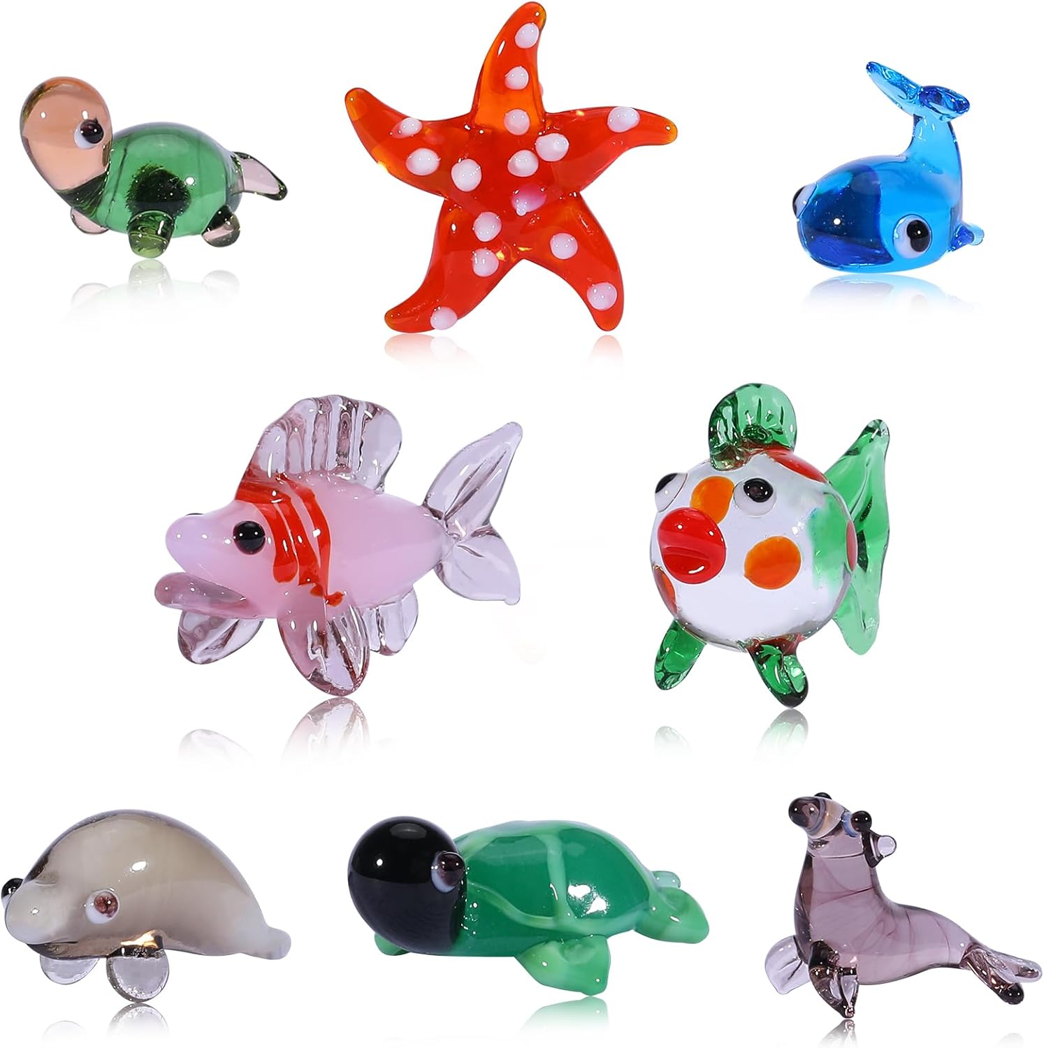 8 Pcs Hand Blown Glass Figurines - Ocean Glass Miniatures: Tortoise, Sea Turtle, Dolphin, Whale, Starfish, Seal, Goldfish, Bighead Carp for Fish Tank Decoration, Gifts