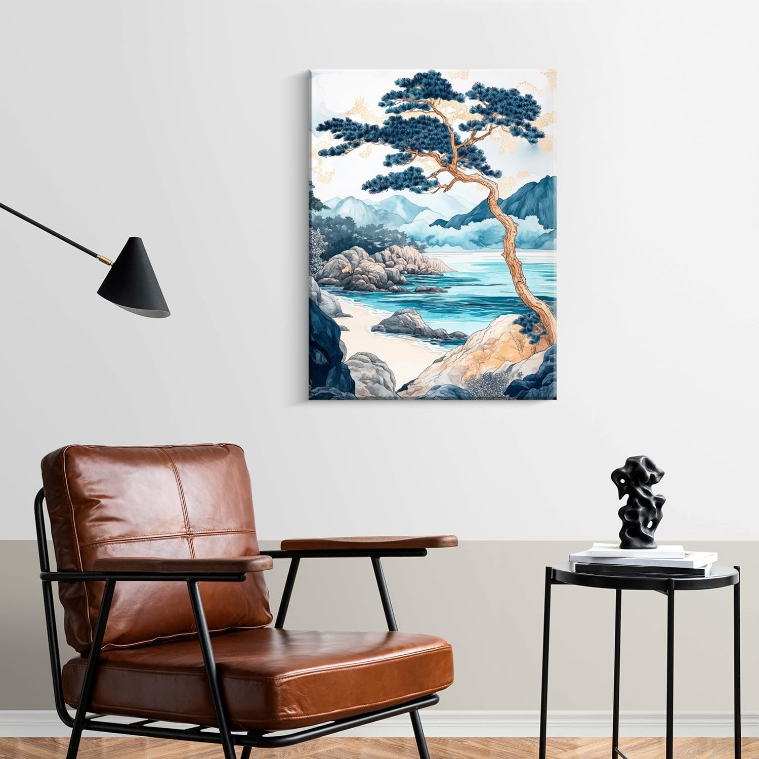 Framed Japanese Pine Trees Landscape Picture Coast Mountains Wall Art Decor Canvas Print Nature Print Artwork Poster Gallery Bedroom Living Room Office 16x24 Inch Ready to Hang