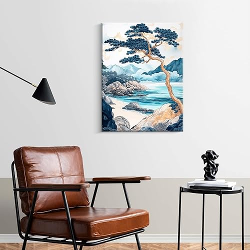 Miniatura 3 de 1 pieza enmarcada para decoración de pared, impresión en lienzo, pinos japoneses, paisaje, costa, montañas, naturaleza, póster de galería,