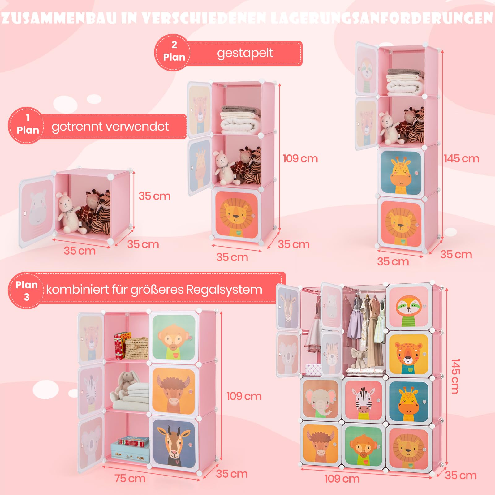 DREAMADE Kinderkleiderschrank mit 8/12 Würfeln, Kinder Kleiderschrank Regalsystem aus Kunststoff, Kinderschrank mit Türen & Kleiderstange für Kinderzimmer, 110x37x145cm (12 Würfeln-Tier-Rosa)