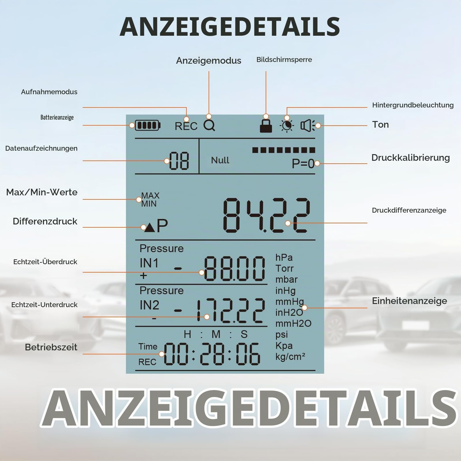 Digitales Manometer PT520, Manometer Wasser und Druckluft mit hohem Genauigkeitswert, 10 Messwerte, 29 Speicherung von Daten, Mehrere Messadapter, -1000~2000mbar, -100~200Kpa