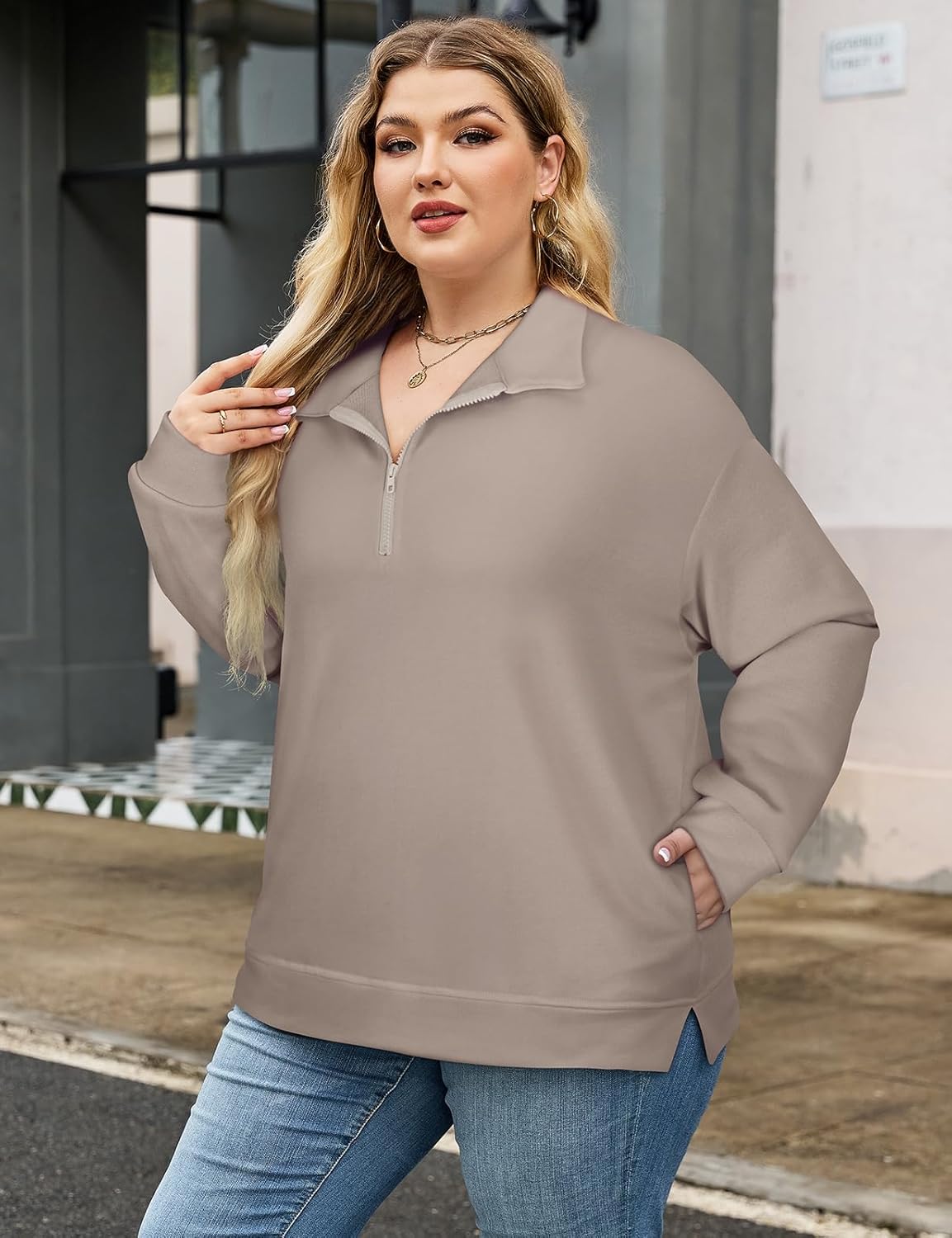 Misyula Style Plus Size Sweatshirts for Women Pockets Quarter Zip Pullover Long Sleeve Drop Shoulder Oversized Tops - Image 2