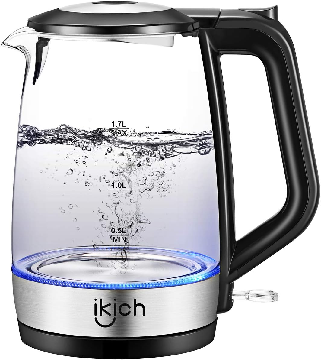 iKich Glass Electric Kettle 1.7L Eco Cordless Glass Kettle Fast Boiling Quiet BPA Free Water Boiler Tea Kettle with LED Indicator, Auto Shut Off and Boil-Dry Protection, 2200W