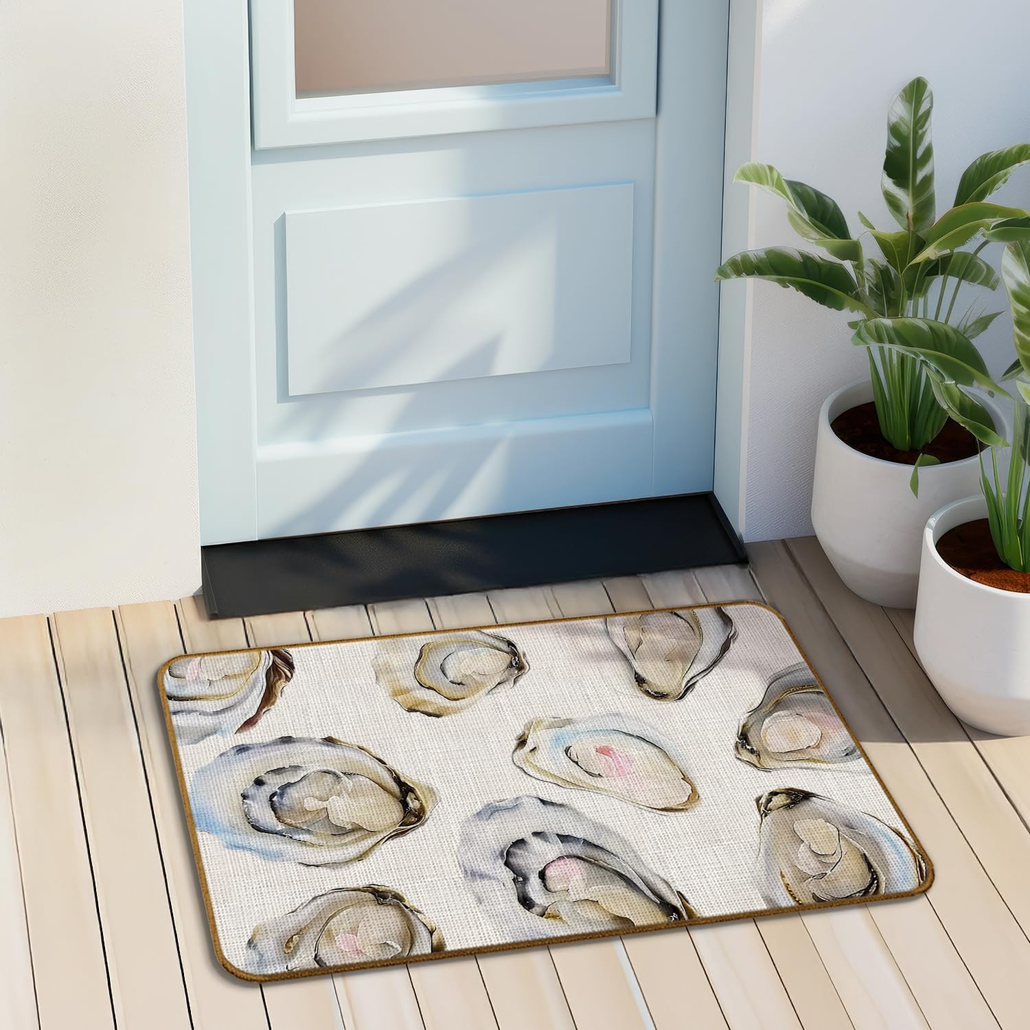 Coastal Beach Oyster Doormat, Watercolor Ocean Oyster Shell Door Mat for Inside Outside Entrance Porch, Nautical Welcome Mats for Front Door, Ocean Bathroom Decor, 17x30 Inches