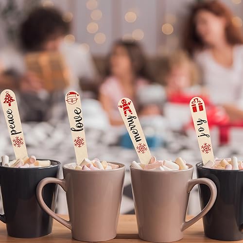 Miniatura 9 de Hoolerry 300 cucharas de madera desechables de Navidad, cucharas de chocolate caliente a rayas, bastón de caramelo a rayas para degustar cacao