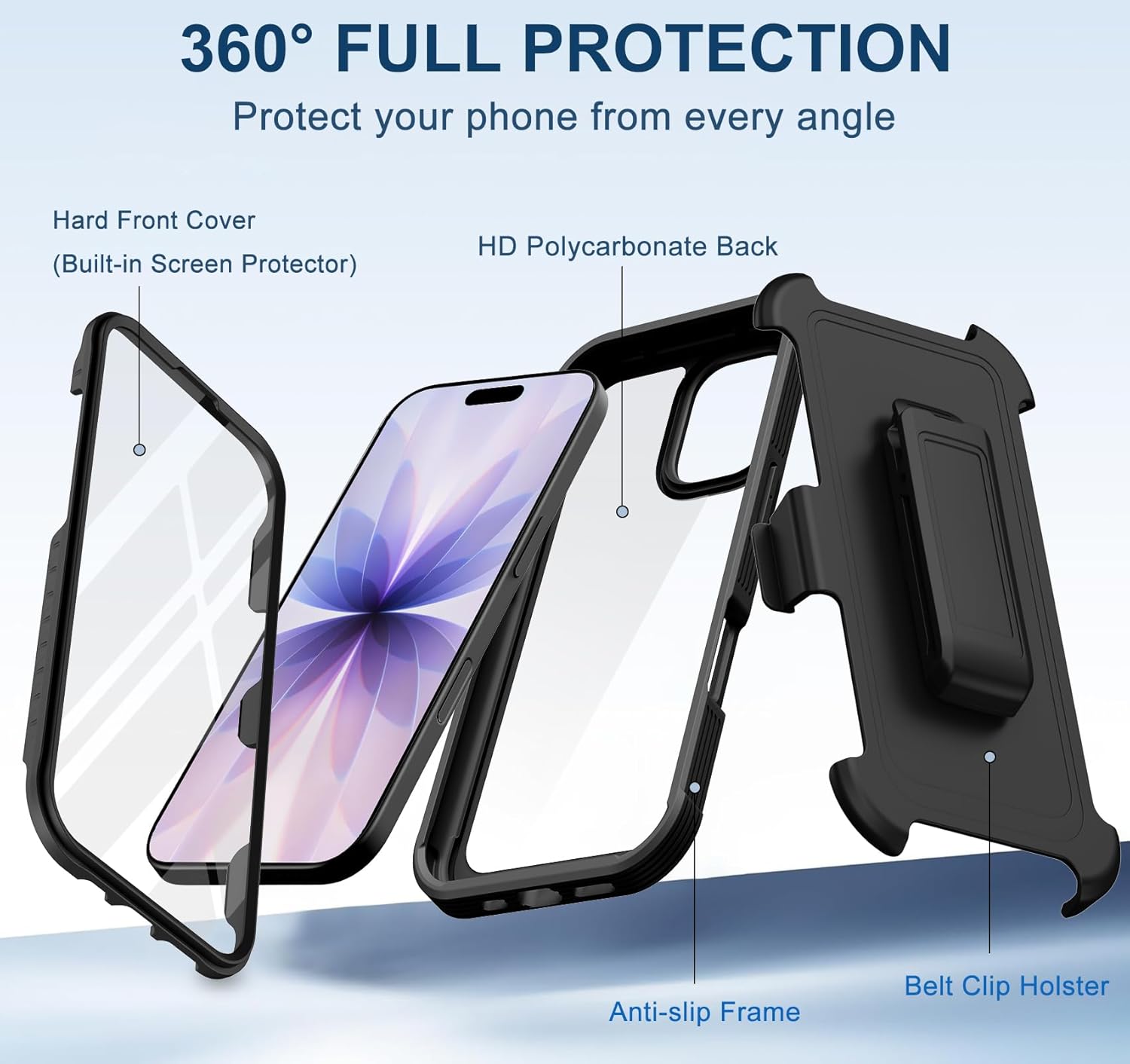 RubCase for iPhone 17 Case, Full Body Phone Case with Built-in Screen Protector & Belt Clip Holster, Military Grade Drop Protection Rugged Cell Phone Cover for iPhone 17 6.3 inch (Clear Black) - Image 3