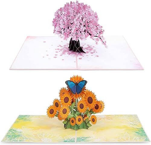 Paper Love Paquete de 2 tarjetas desplegables, incluye 1 flor de cerezo y 1 girasol, para todas las ocasiones, día de la madre, cumpleaños,