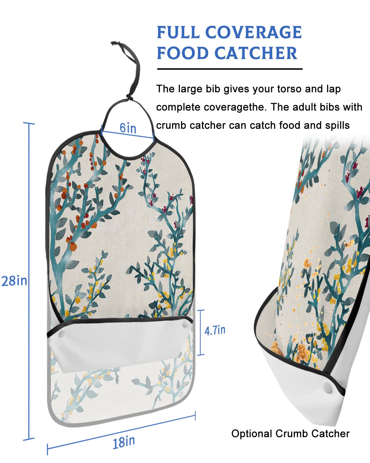 LEOKOTI Teal Botanical Adult Bibs for Eating, Waterproof Bibs with Food Catcher & Snap Closure, Elegant Spring Floral Summer Branches Rustic Washable Clothing Protectors Adult Bibs for Elderly