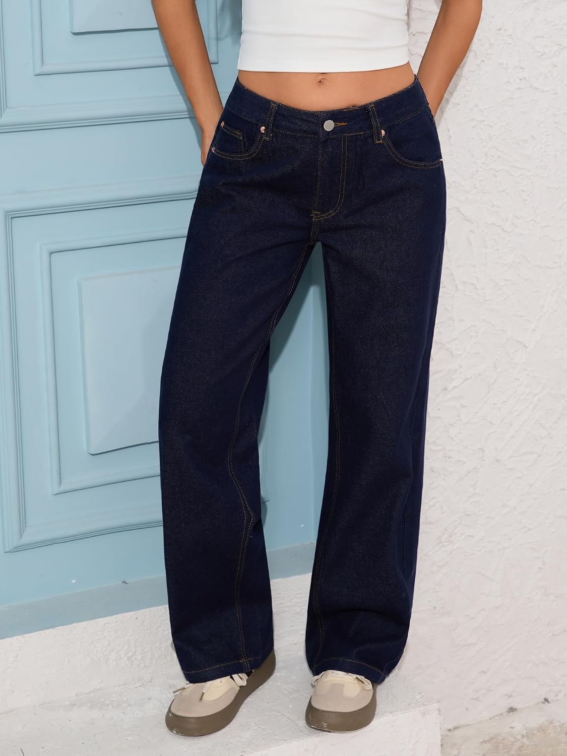 Low Rise Baggy Jeans for Women Y2K Vintage Wide Leg Loose Fit Straight Denim Pants Casual Trousers image 5