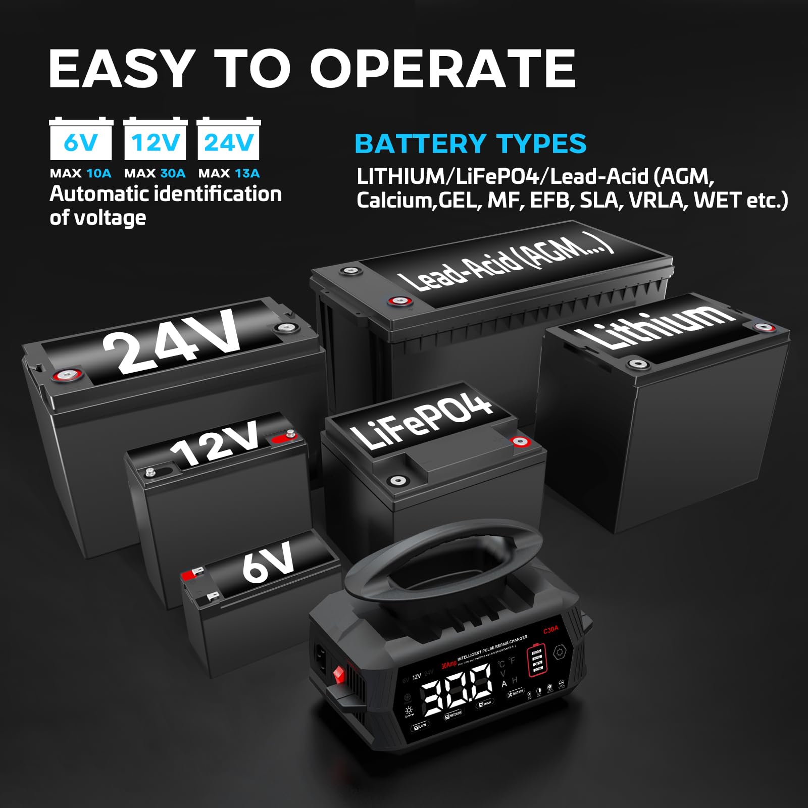 HTRC Ładowarka do akumulatora samochodowego 30 A, 6 V/12 V/24 V, LiFePO4, ładowarka do samochodów ciężarowych, motocykli, kosiarek, łodzi, akumulatorów morskich, ładowarka do akumulatorów LiFePO4