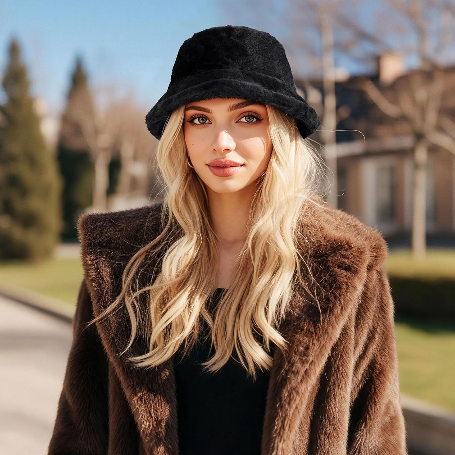 DOCILA Winter Fuzzy Bucket Hat for Women Men Fashion Print Plush Furry Faux Fur Fisherman Hats Warm Cold Weather Bucket Caps