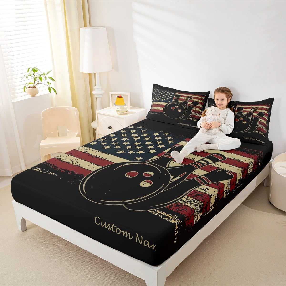 Erosebridal Personalized Bowling Bed Sheets Retro American Flag Fitted Sheet Full Size, Sports Theme Sheets Vintage US Flag Bedding, Ball Gamer Gaming Bed Cover Stripe Decorations