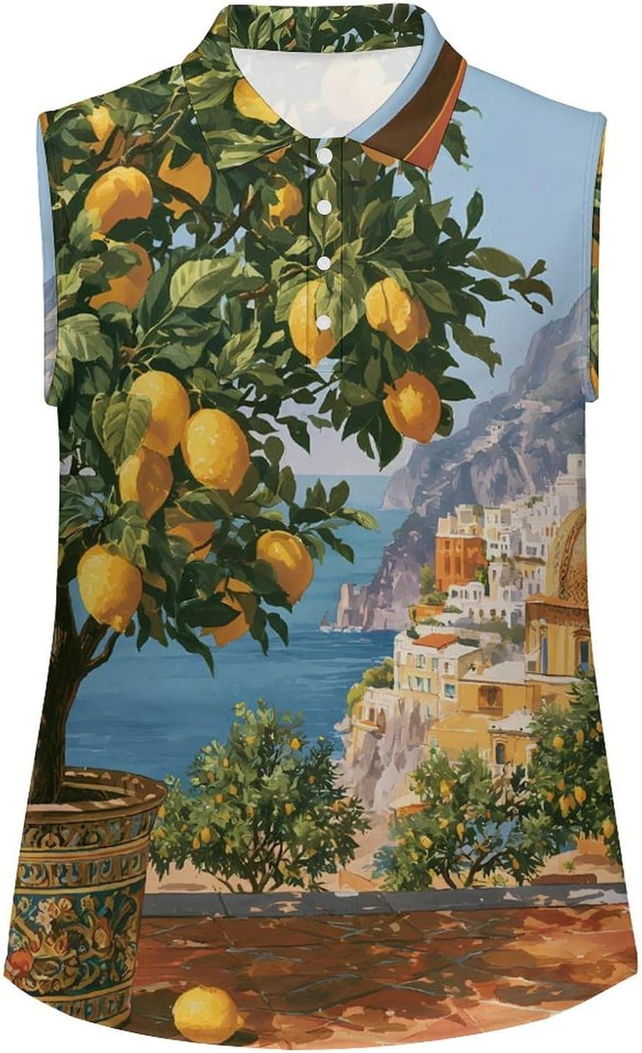 Amalfi Coast Lemon Tree Women Sleeveless Collared Golf Polo Shirt | V Neck Tank Top,Breathable Tennis Shirts
