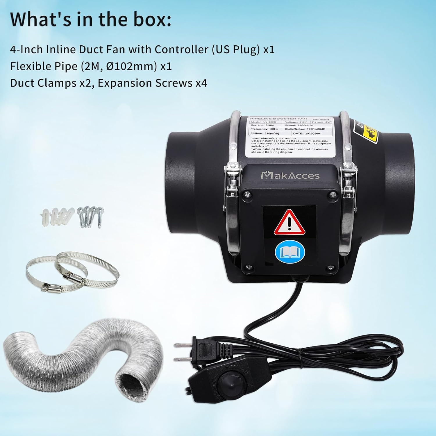 4 Inch Inline Duct Fan with Variable Speed Controller & Pipe,Efficiency Smoke Odor Extraction, Upgrade Motor,Low Noise Ventilation Exhaust Fan for 3D Printers,Laser Engravers,Resin Printers,Grow Tents