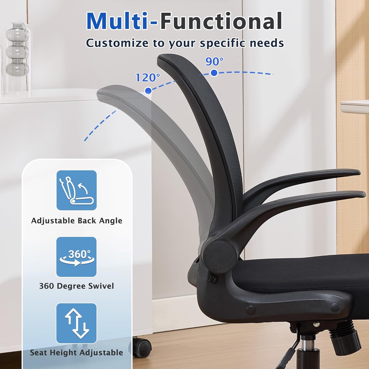 IPKIG Foldable Office Chair for Small Spaces | Home Office Folding Desk Chairs with Wheels and Flip Up Arms | Ergonomic Mesh Computer Chair for Adults & Kids Black