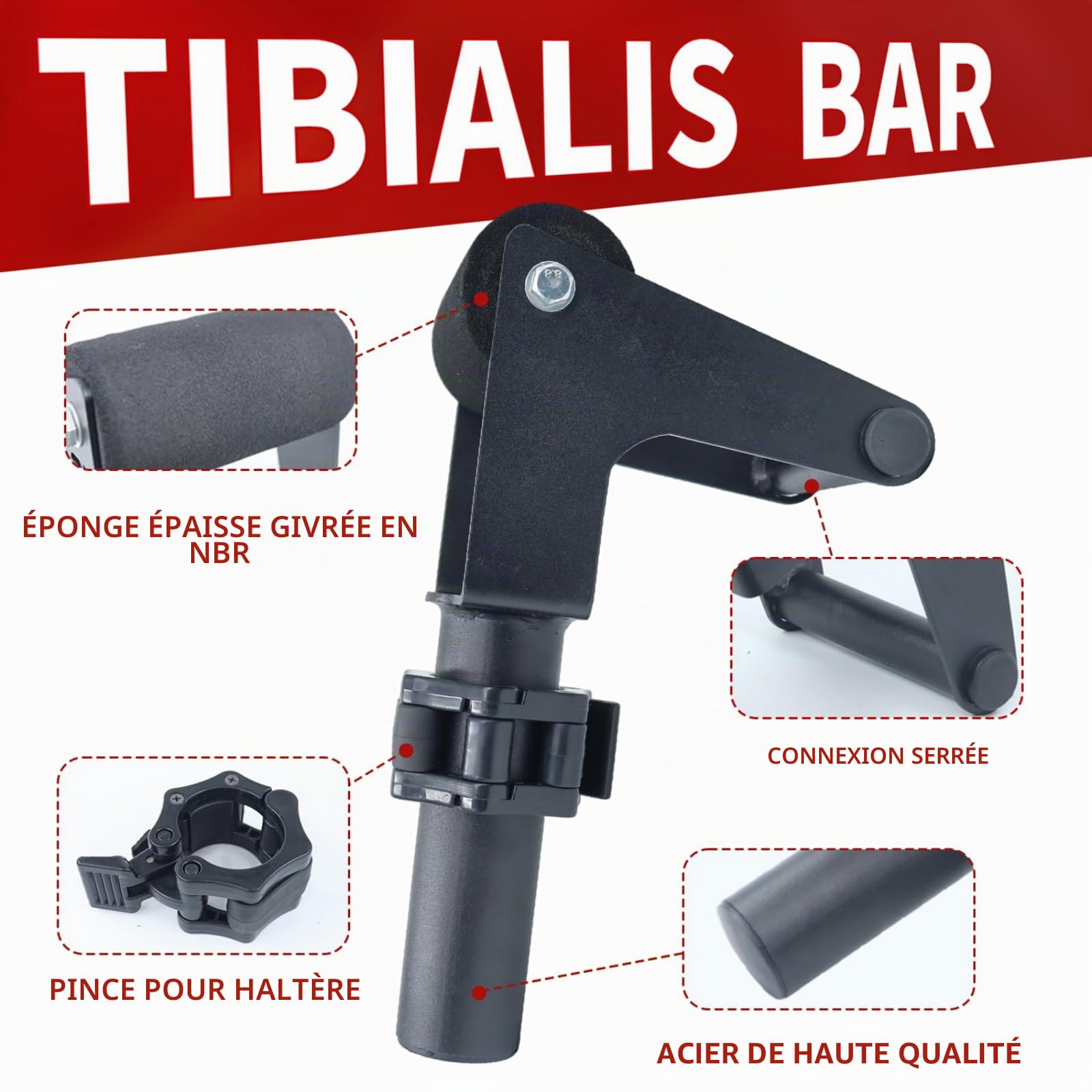 Solo Tib Bar Tibialis Trainer Tibialis Bar Genoux sur les orteils Équipement Tibialis Raise Tibia Dorsi Machine d'entraînement pour mollets Équipement d'entraînement pour mollets de 2,5 cm