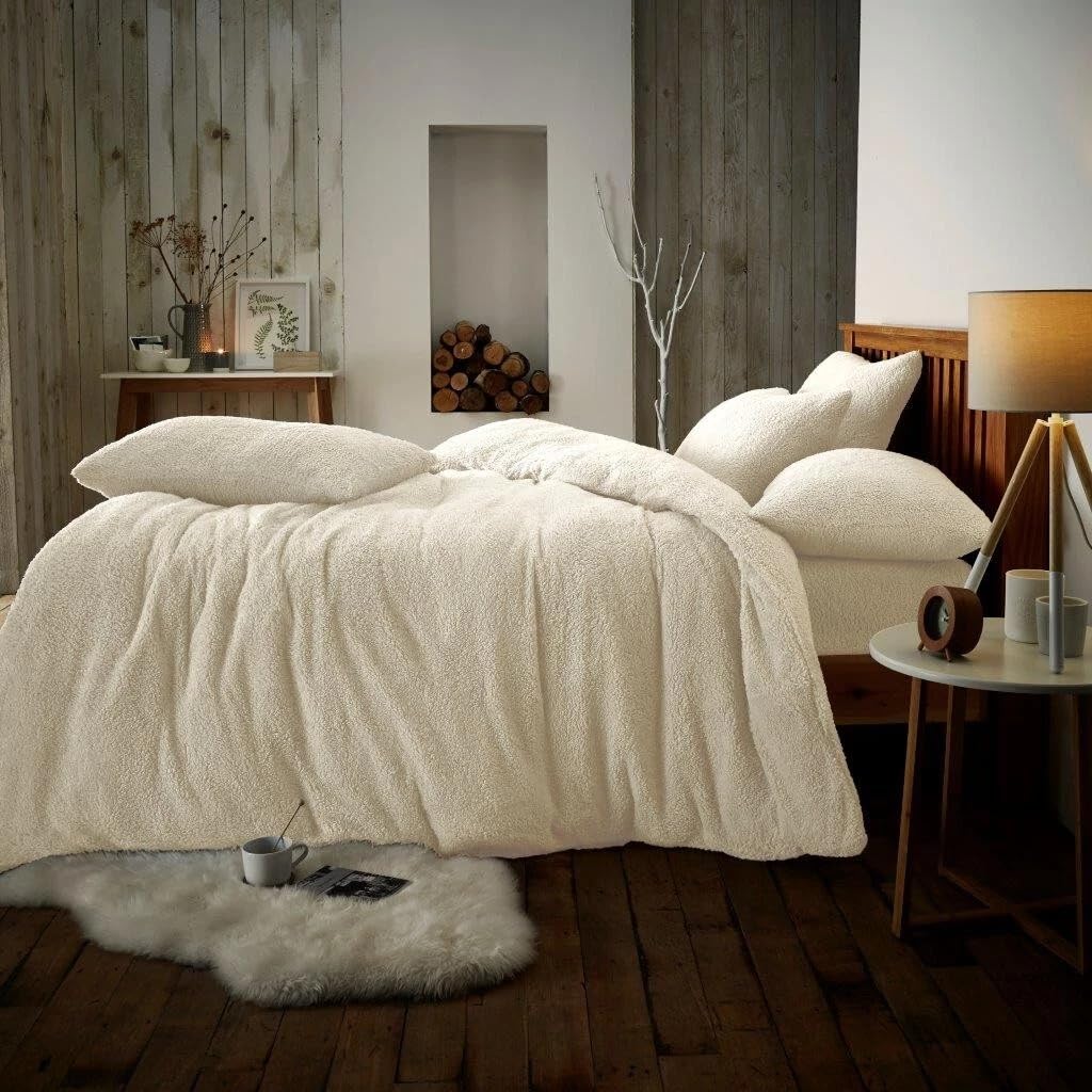 NIMORA Solid Teddy Fleece Duvet Cover Set – Ultra Soft Bedding Quilt Cover with Pillowcases (Cream, Single Duvet Set)