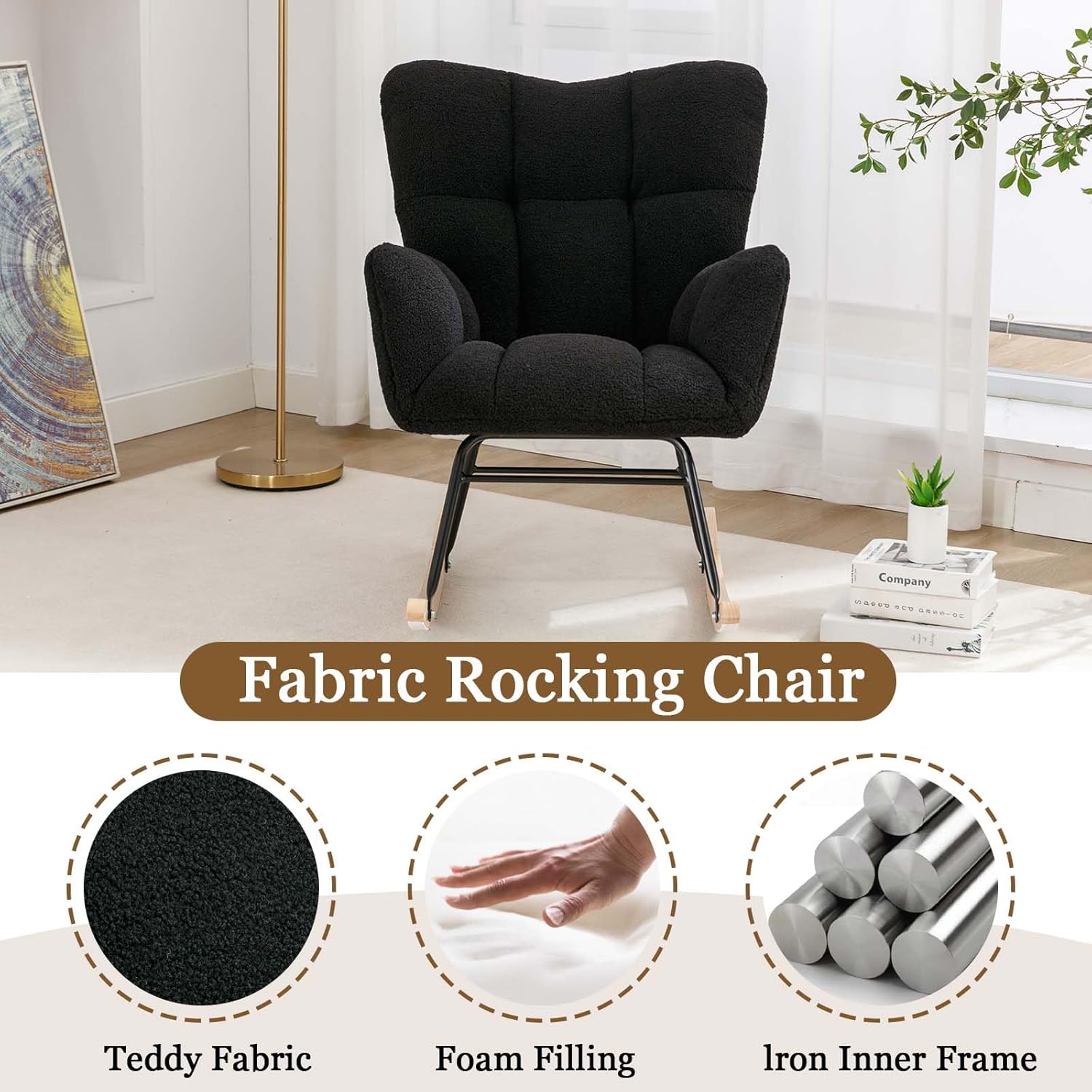 Majnesvon Nursery Rocking Chairs, Rocker for Nursery, Plush Rocking Chair for Bedroom, Teddy Fabric Upholstered, Padded Seat with High Backrest, Living Room Bedroom Office (Black)
